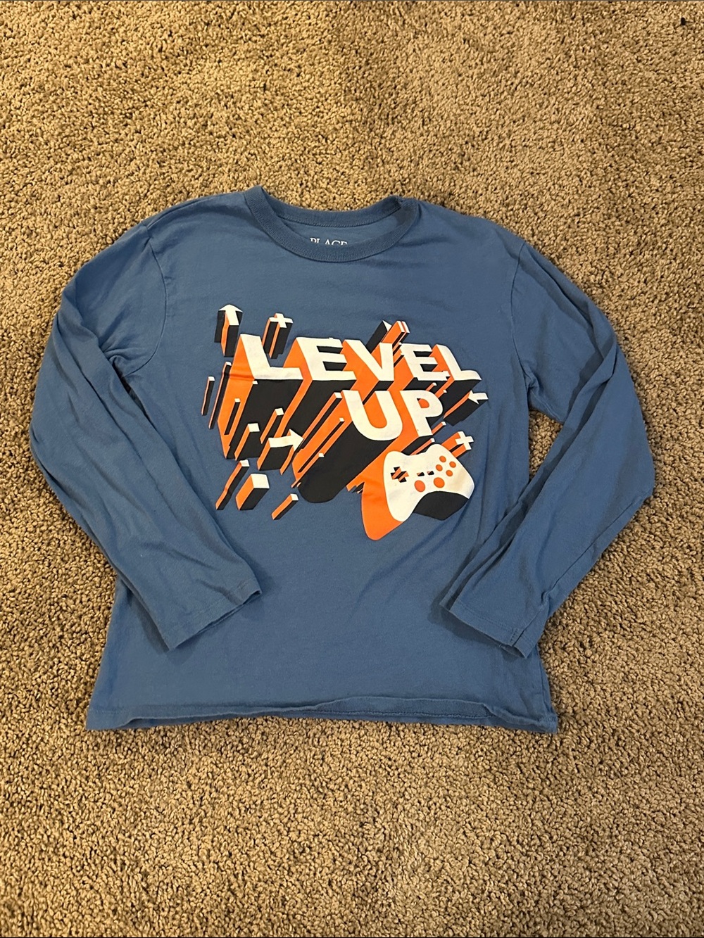 Place Blue Long Sleeve Tee with Orange 'Level Up' Game Graphic